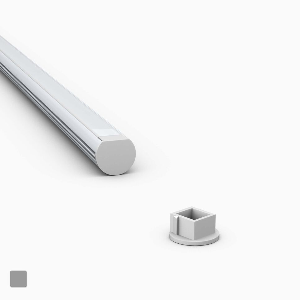 graue Kunststoff Endkappe für das LED Alu Profil RK, Produktbild und Anwendungsbeispiel