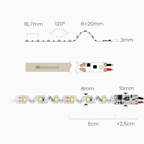 Draufsicht auf den Zick-Zack LED Streifen mit Dimmer. Seitenansicht und Draufsicht mit technischer Bemaßung
