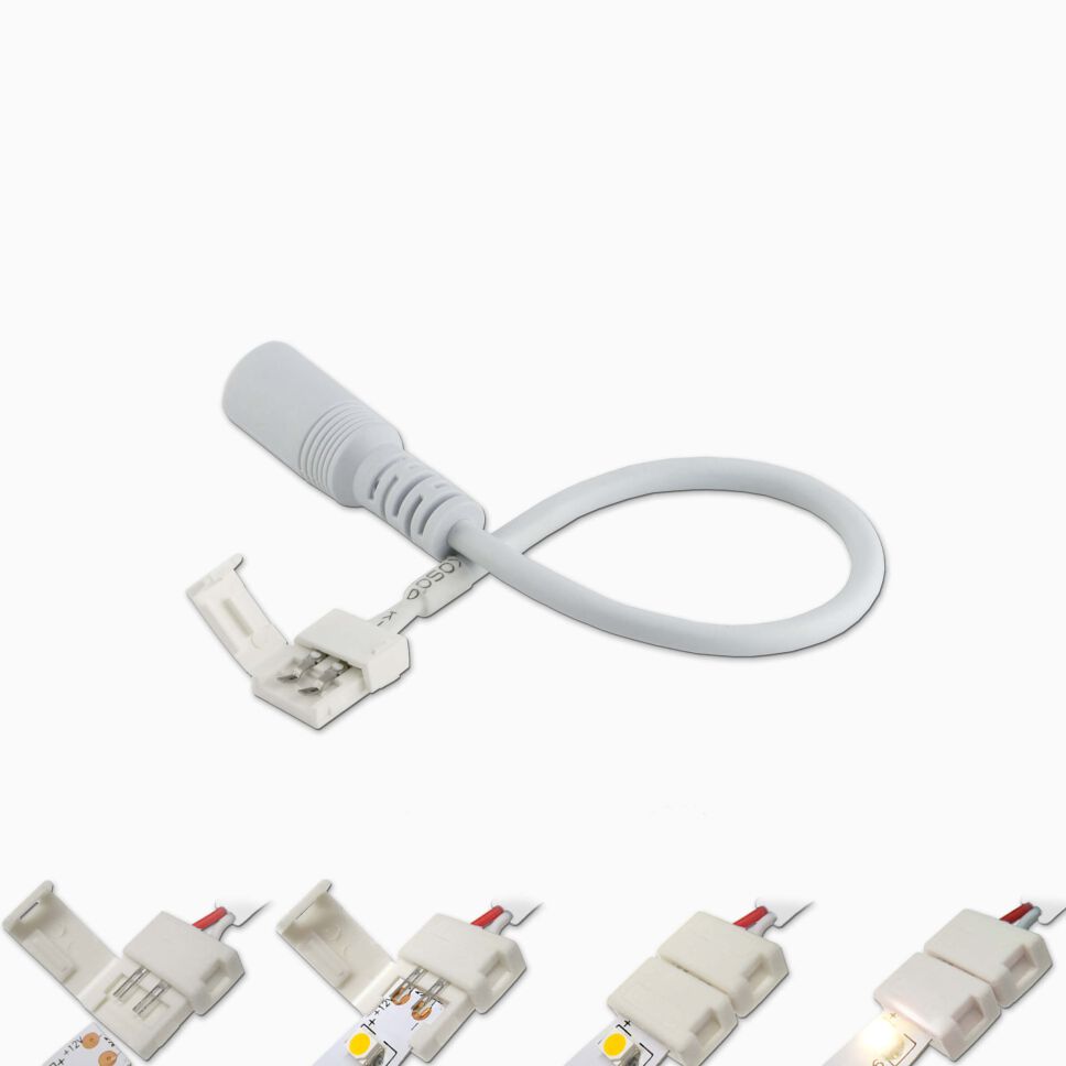 Schnellverbinder für 8mm breite LED Streifen, an einem Ende mit weißer DC-Buchse, am anderen Ende mit Schnellverbinder, unten ist eine Anleitung für Montage.