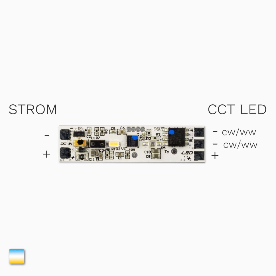 Draufsicht auf den CCT LED Profil Dimmer, Anschlüsse...