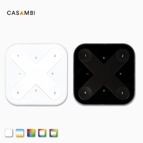 CASAMBI Schalter XPRESS in schwarz und weiß nebeneinander, Frontansicht, freigestellt vor grauen Hintergrund