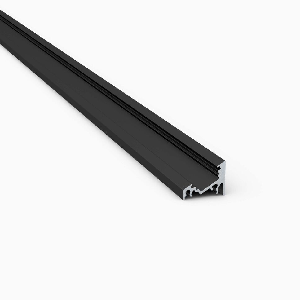 Produktbild vom LED Alu Profil E mit 30° 60° Grad Winkel, eloxiert schwarz, ohne Abdeckung vor grauen Hintergrund