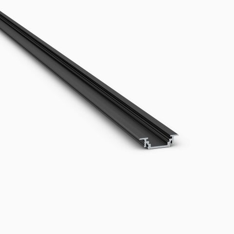 flaches LED Alu Profil mit Flügeln in schwarz eloxiert ohne Abdeckung, freigestellt vor grauen Hintergrund