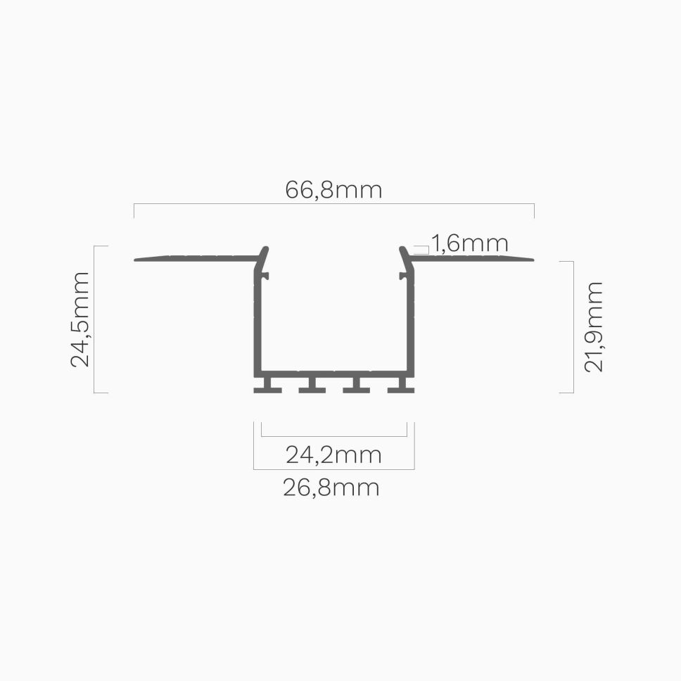 Querschnitt mit Bemaßung vom LED Alu Profil KOZEL ohne Abdeckung, schematische Darstellung mit Bemaßung