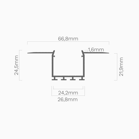 Querschnitt mit Bemaßung vom LED Alu Profil KOZEL ohne Abdeckung, schematische Darstellung mit Bemaßung