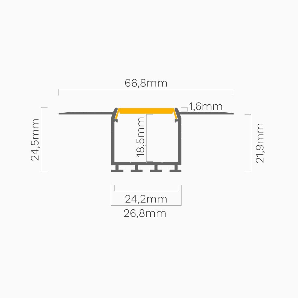 Querschnitt mit Bemaßung vom LED Alu Profil KOZEL ohne Abdeckung, schematische Darstellung mit Bemaßung