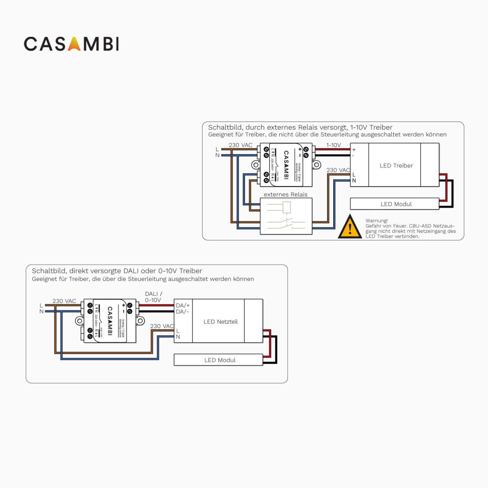 Schaltplan vom CASAMBI CBU-ASD zeigt, wie ein DALI oder 0-10V und ein 1-10V Netzteil angeschlossen werden kann