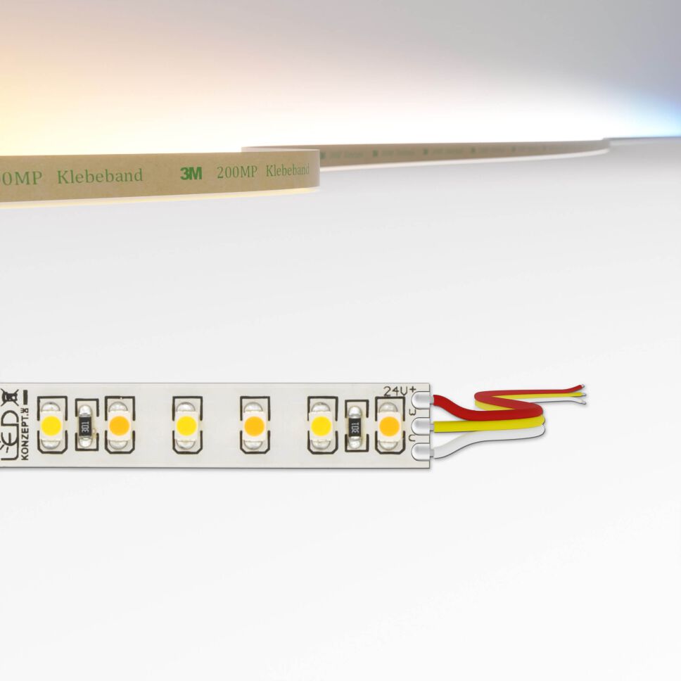 CCT LED Streifen, dicht bestückt, 10mm breit mit weißer Oberfläche, technische Zeichnung zeigt Anschlussart Litze