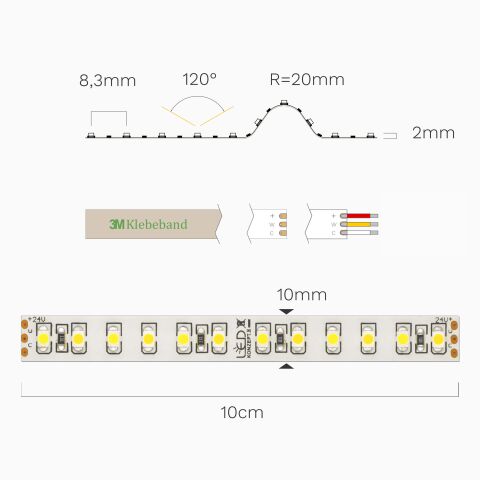 Abbildung des CCT LED Streifens 11460 mit allen maßen und physikalischen Angaben