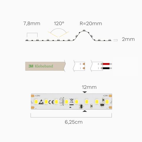 Technische Darstellung vom leistungsstarken IC LED Streifen mit 23W. Abbildung ist bemaßt