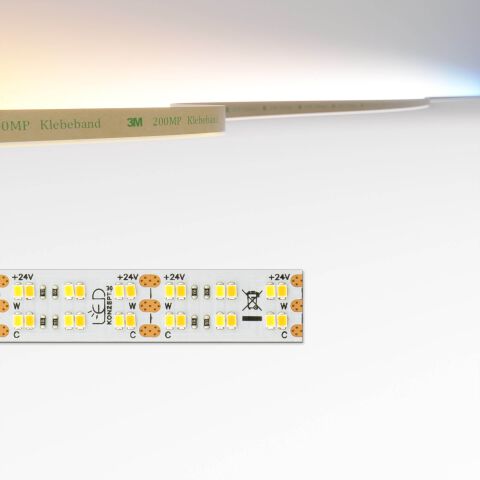 extrem dicht bestückter CCT LED Streifen, mit warmweißen und kaltweißen LEDs, oben ist die variable Lichtfarbe des CCT Streifens dargestellt.