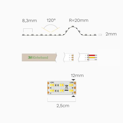 Technische Abbildung des 12mm breiten doppelreihigen CCT LED Streifen. Abbildung ist bemaßt