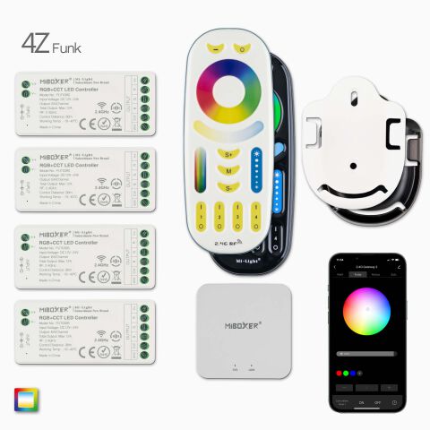 4Z RGB+CCT LED Funk Fernbedienung, 4 Funk Empfänger, Wandhalterung, Wifi-Controller und App-Maske, Produktbild und Lieferumfang