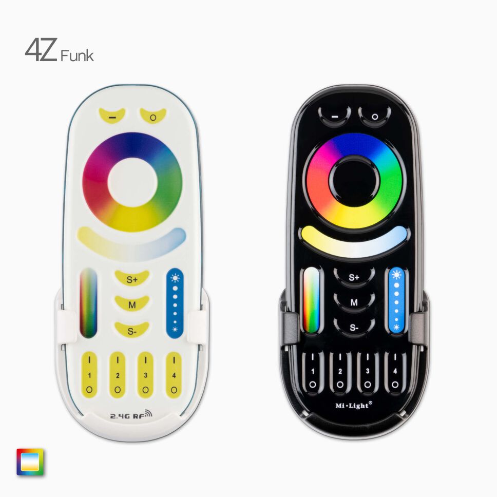 Vergleichsbild der weißen und schwarz RGB+CCT LED Funk Fernbedienung nebeneinander