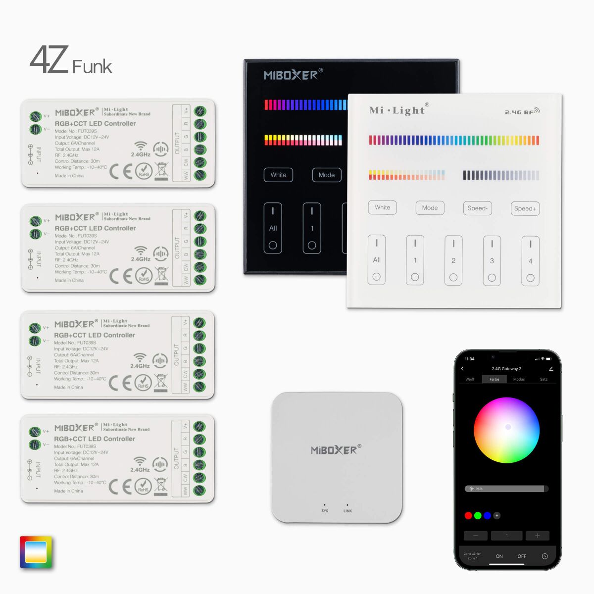 4-Zonen Funk Wandsteuerung für RGB+CCT LEDs, 47,99 €