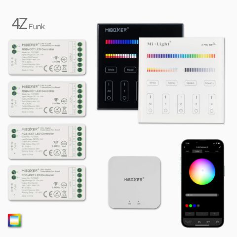 Produktbild, 1 RGB+CCT LED Wandsteuerung, 4 Funk Empfänger, 1 wifi Controller, Draufsicht auf Lieferumfang
