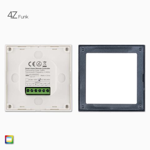 Rückseite RGB+CCT LED Funk Wandsteuerung, Vergleich zwischen Batteriebetrieb und mit 230 VAC Stromversorgnug