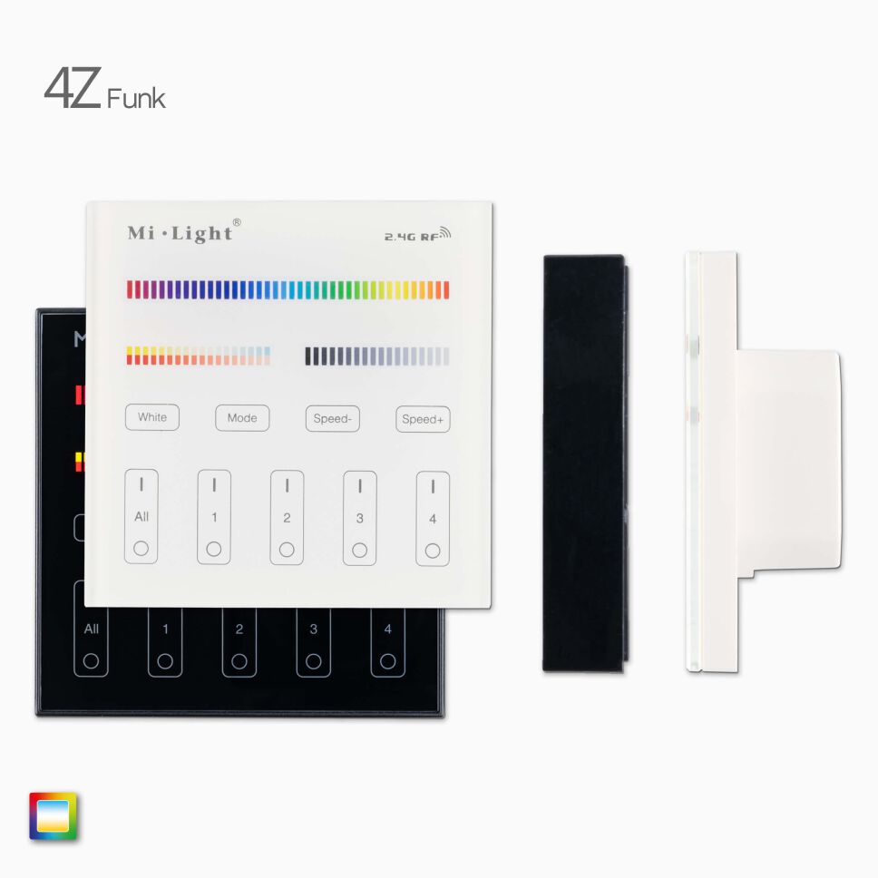 Front- und Seitenansicht der  4Z RGB+CCT LED Funk Wandsteuerung in weiß und schwarz mit Stromversorgung über Batterie oder 230V AC