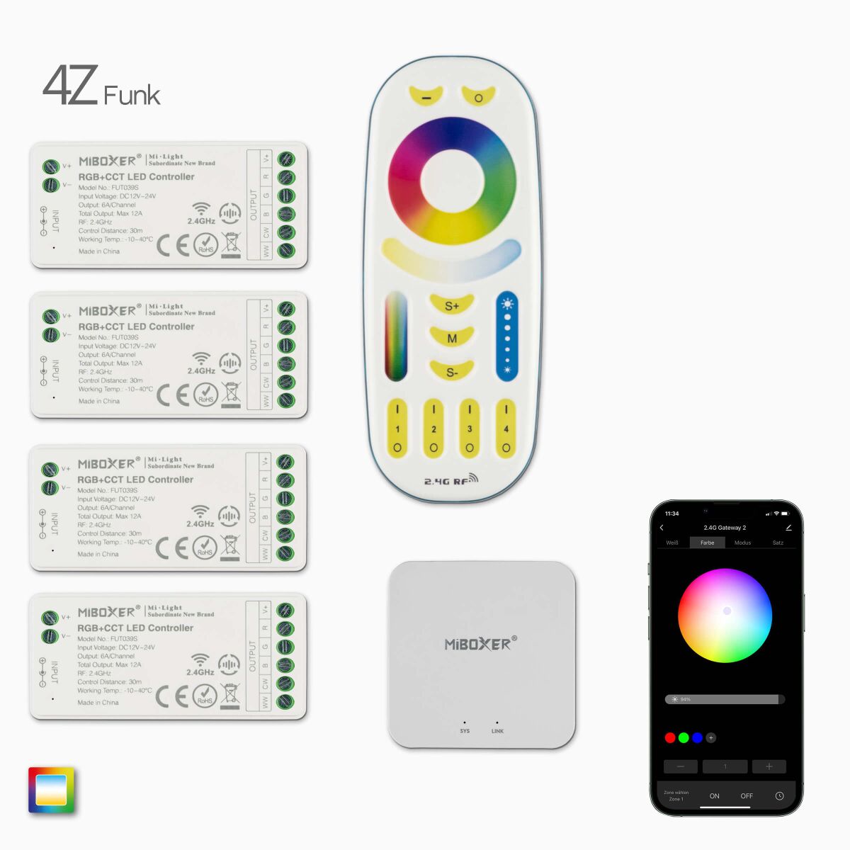 Funk u. Wifi Steuerung für 4 Zonen RGB u. CCT LED , 131,90 €