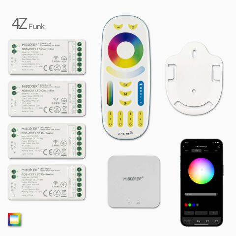 4Z RGB+CCT LED Funk Fernbedienung, 4 Funk Empfänger, Wandhalterung, Wifi-Controller und App-Maske, Produktbild und Lieferumfang