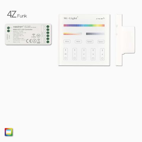 Produktbild, 1 RGB+CCT LED Wandsteuerung mit AC Stromversorgung, 1 Funk Empfänger, Draufsicht auf Lieferumfang