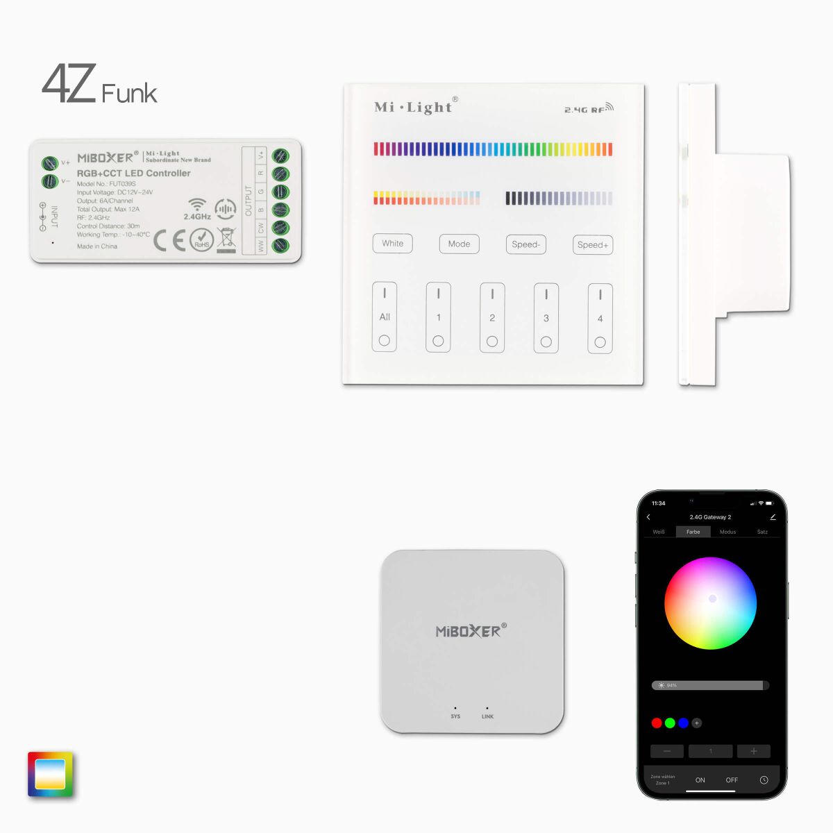 2,4G 4-Zonen RGB+CCT LED Funk-Wandsteuerung, weiß , 87,98 €