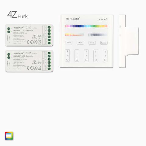 Produktbild, 1 RGB+CCT LED Wandsteuerung mit AC Stromversorgung, 2 Funk Empfänger, Draufsicht auf Lieferumfang