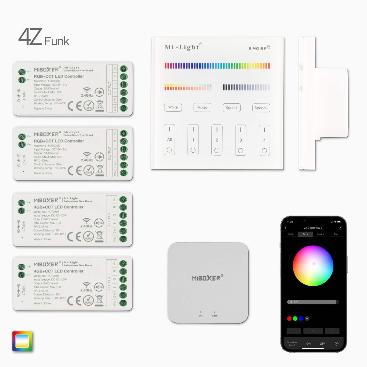 2,4G 4-Zonen RGB+CCT LED Funk-Wandsteuerung, weiß , 141,98 €