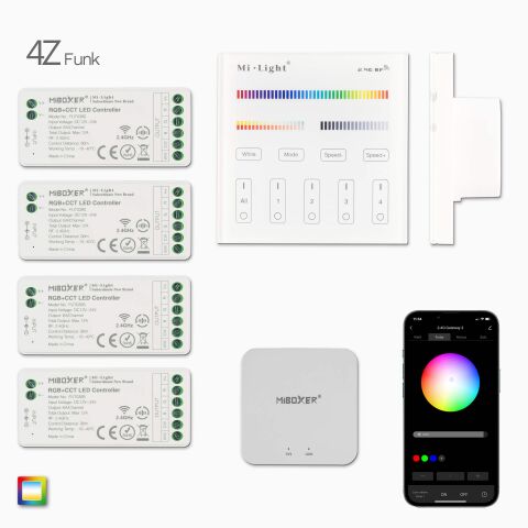 Produktbild, 1 RGB+CCT LED Wandsteuerung mit AC Stromversorgung, 4 Funk Empfänger, 1 wifi Controller, Draufsicht auf Lieferumfang