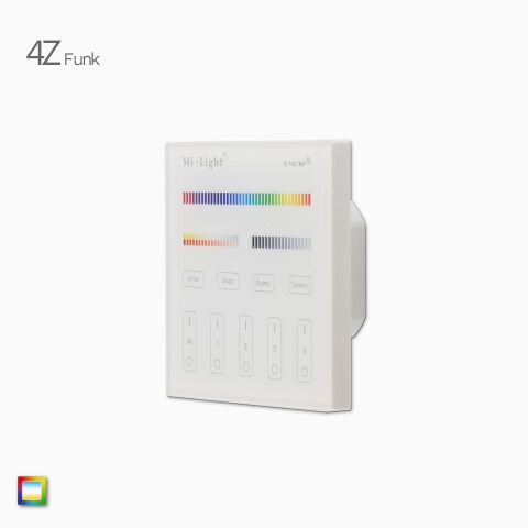 Produktbild, Kavaliersansicht vom weißer RGB+CCT Funk Wandsteuerung mit Glasfront, Vergleich der beiden Ausführungen