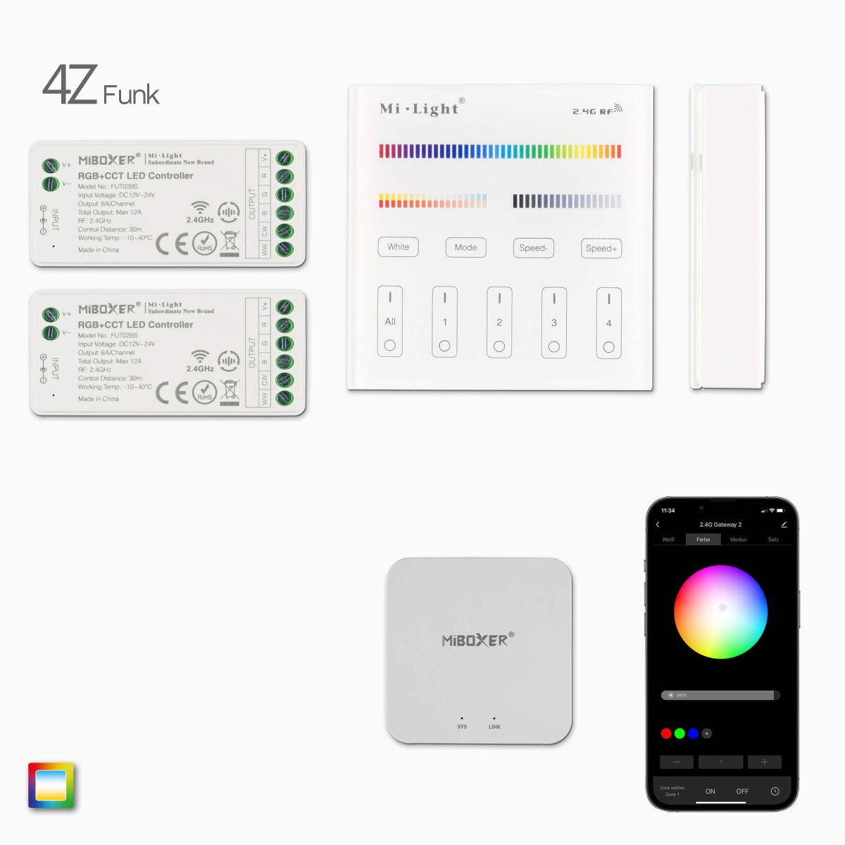 2,4G 4-Zonen RGB+CCT LED Funk-Wandsteuerung, weiß , 105,98 €