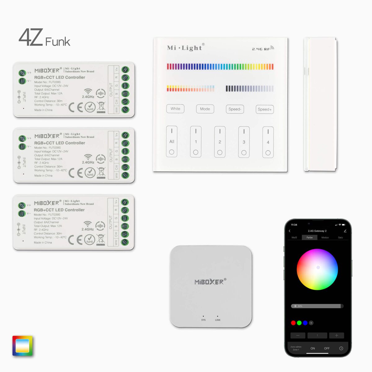 2,4G 4-Zonen RGB+CCT LED Funk-Wandsteuerung, weiß , 123,98 €