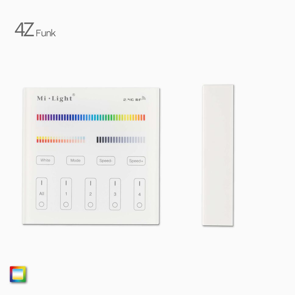 Produktbild, RGB+CCT LED Funk Wandsteuerung mit Batteriebetrieb in weiß für farbig-dualweiße RGB+CCT LED Streifen, Frontansicht und Seitenansicht