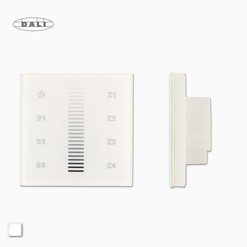 Frontansicht und Seitenansicht vom weißen DALI LED Wand-Dimmers