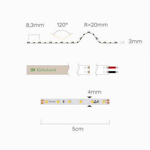4mm schmaler 3000K warmweißer LED Streifen in der Draufsicht und Seitenansicht mit Bemaßung