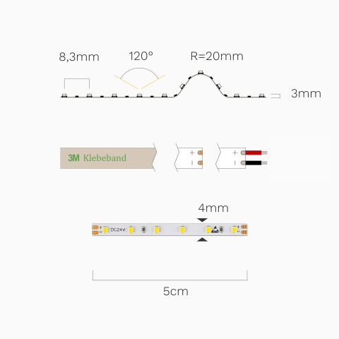 4mm schmaler neutralweißer LED Streifen in der Draufsicht und Seitenansicht mit Bemaßung
