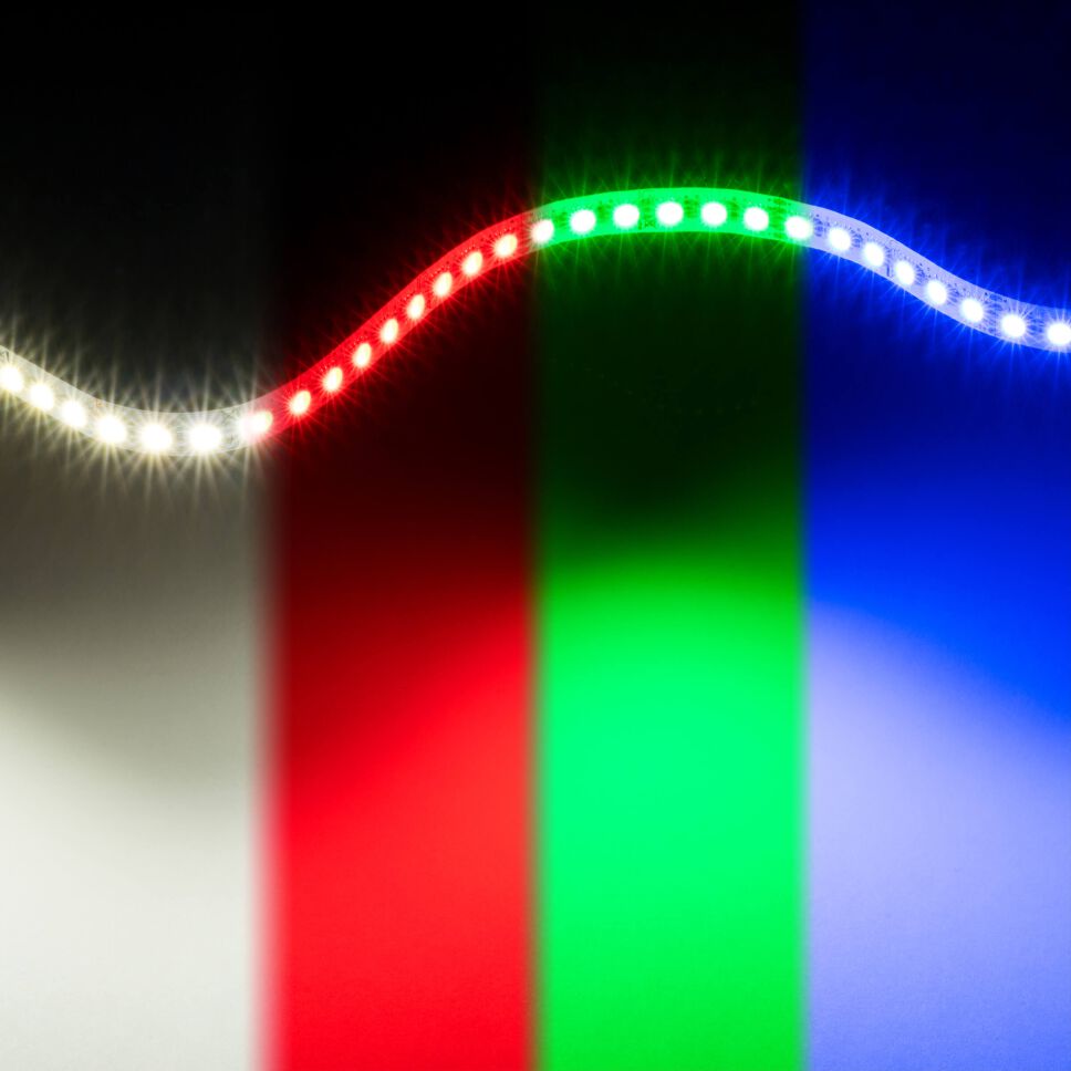 Zusammengesetztes Bild der einzelnen Kanäle des RGBW LED Streifens leuchtend, links neutralweiß, rechts RGB