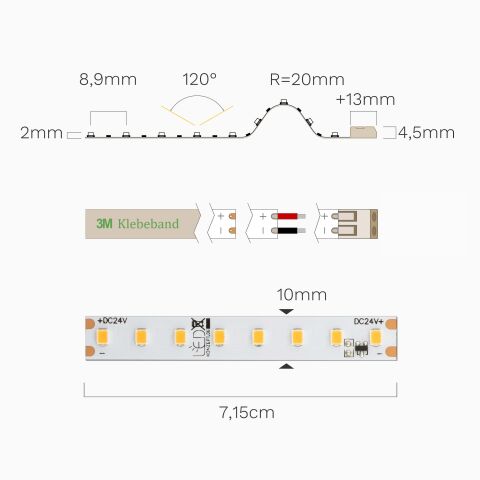 Technische Darstellung vom 10W IC LED Streifen mit warmweißen 2700K LEDs. Draufsicht und Seitenansicht mit Bemaßung