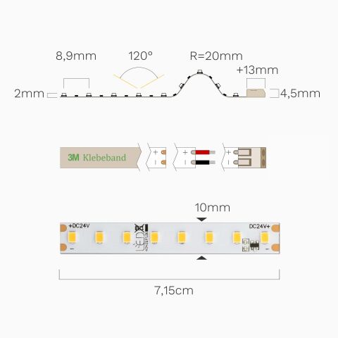 Technische Darstellung vom 10W IC LED Streifen mit 3000K warmweißen LEDs. Draufsicht und Seitenansicht mit Bemaßung