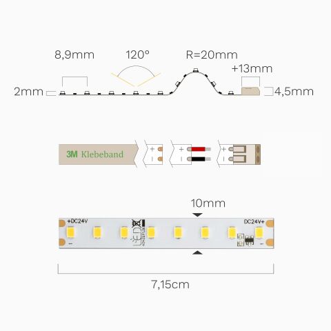 Technische Darstellung vom 10W IC LED Streifen mit neutralweißen LEDs. Draufsicht und Seitenansicht mit Bemaßung