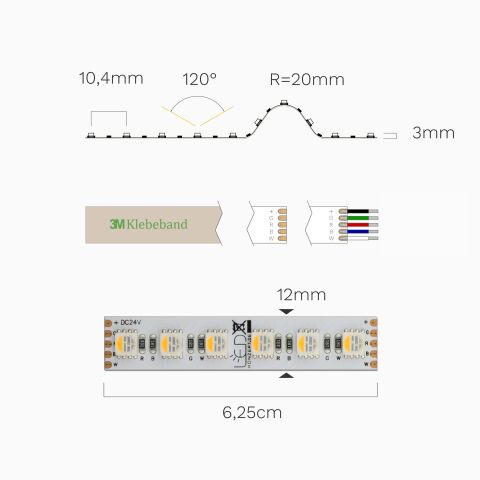 warmweißer High Power RGBW LED Streifen mit 30W/m in der Drauf- und Seitenansicht. Technische Abbildung ist bemaßt