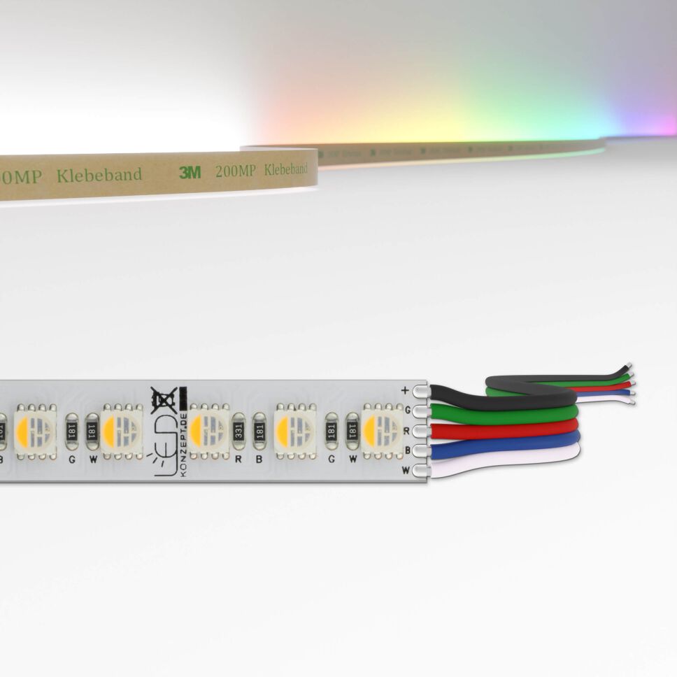 RGBW LED Streifen mit neutralweißen und farbigen LEDs in einer SMD LED verbaut, oben ist eine technische Zeichnung mit Bemaßung