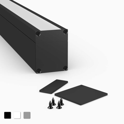 2 Teilige Endkappe für LED Alu Profil APNT, gelasert mit Schrauben passend zur Profilfarbe, Produktbild freigestellt vor grauen Hintergrund