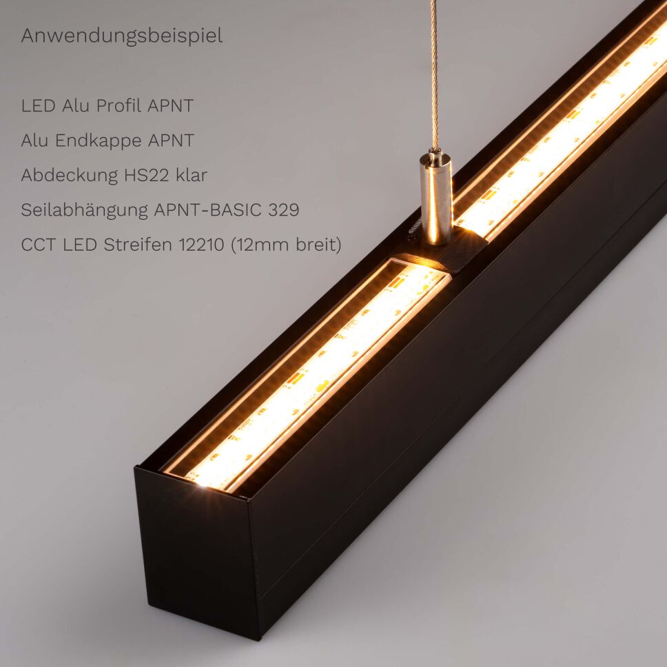Anwendungsbeispiel LED Alu Profil APNT mit Seilabhängung APNT-BASIC, HS klarer Abdeckung und LED Streifen 12210, eingeschaltet