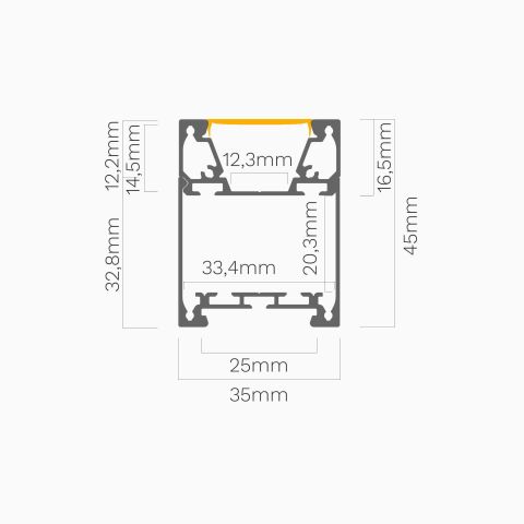Querschnitt vom LED Alu Profil APNT mit Abdeckung, Zeichnung ist bemaßt