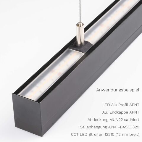 Anwendungsbeispiel LED Alu Profil APNT mit Seilabhängung APNT-BASIC, satinierter Abdeckung SAT22 und LED Streifen 12210, ausgeschaltet