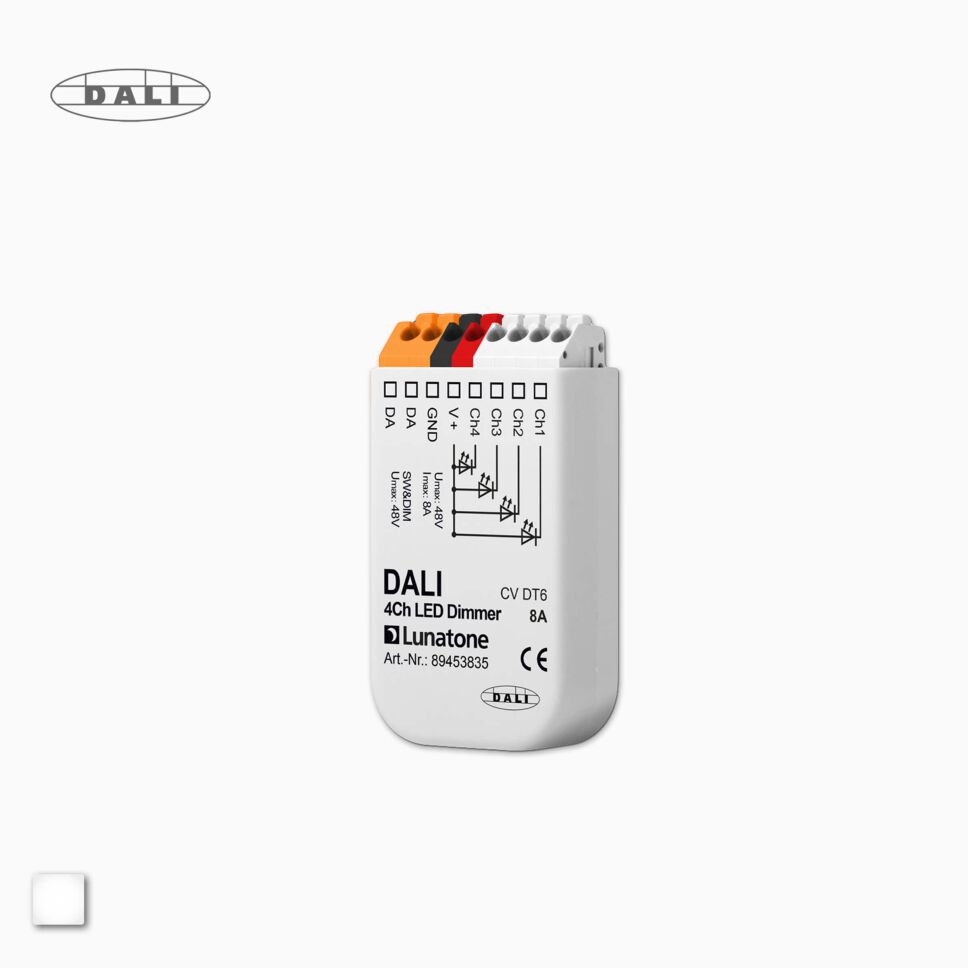 kompakter 4-Kanal DALI DT6 Dimmer 89453835 in grauem Gehäuse, zur Steuerung von LED Streifen, Produktbild