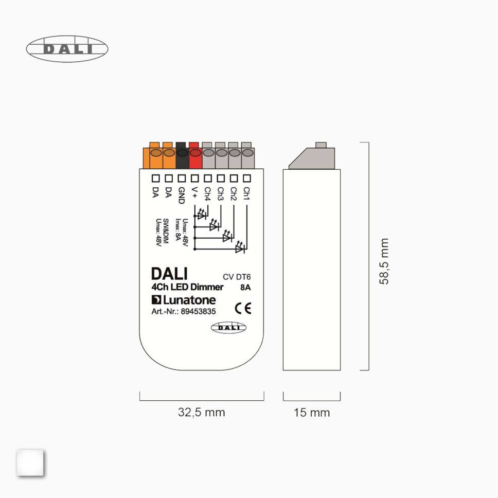 technische Zeichnung des DALI 4-Kanal LED Dimmer CV DT6 8A 89453835