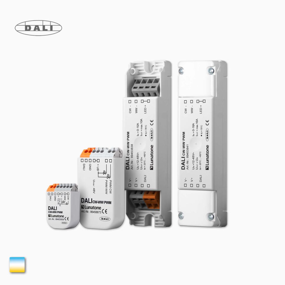 DALI CCT TW DT6 LED Dimmer für dualweiße LED Streifen, Übersicht aus 5 Dimmer nebeneinander, Produktbild