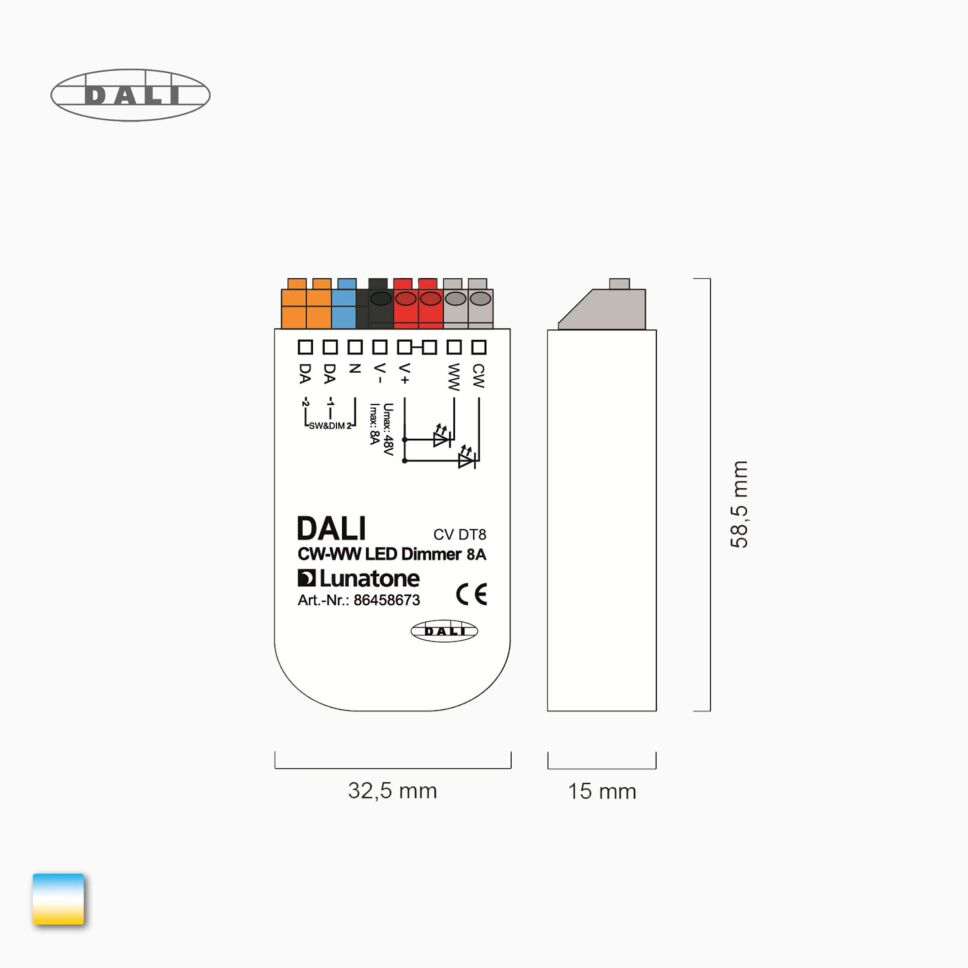 technische Zeichnung des DALI CCT LED Dimmer CV DT8 8A 86458673